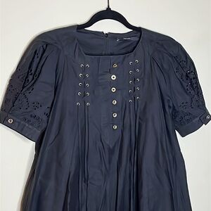 Auth GUCCI Babydoll Black Dress Mini-ish.. logo buttons, side seam pockets 40